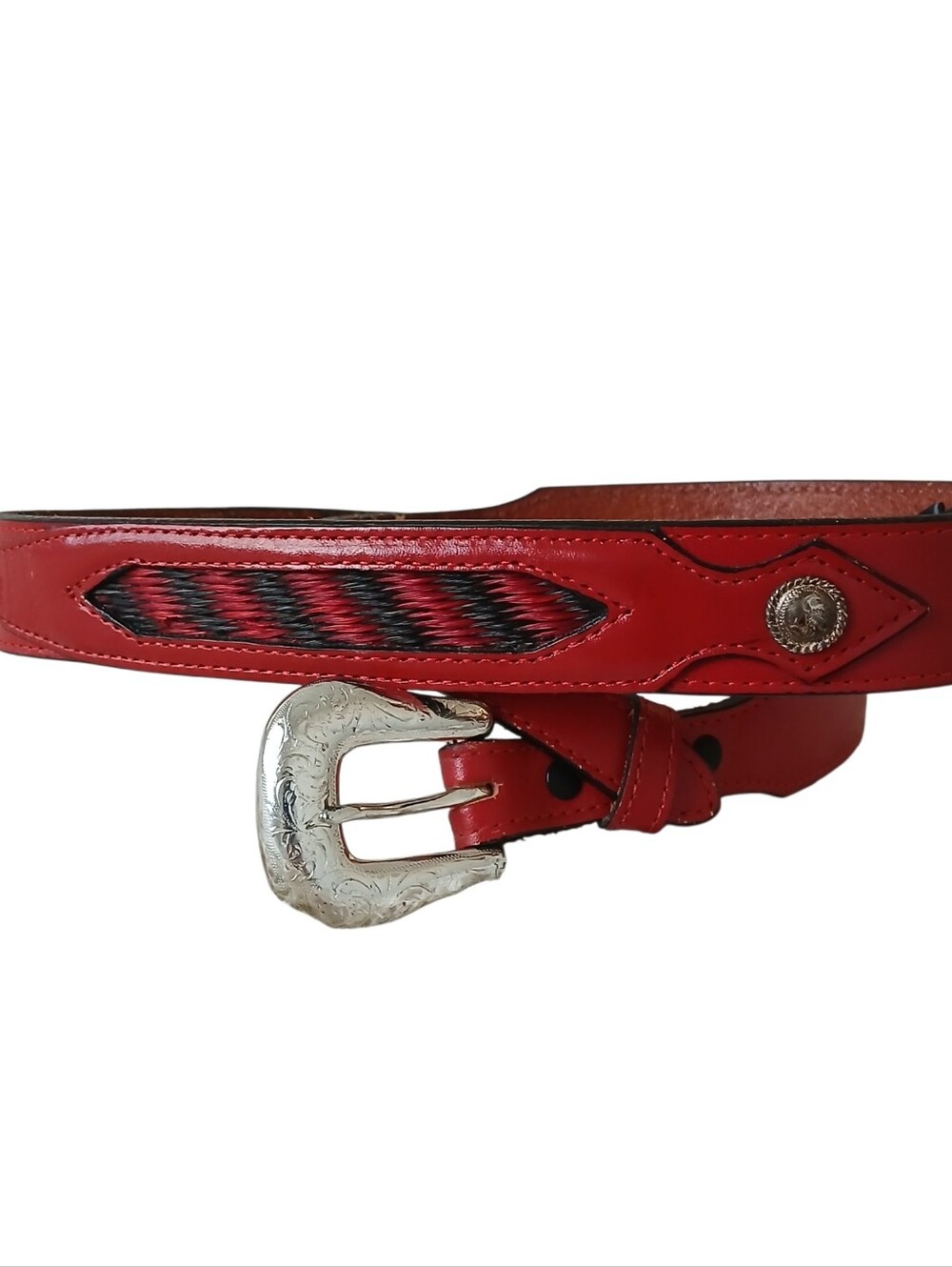 NWOT NOCONA Handcrafted Cowhide Leather Horsehair Concho Belt 42 XL Red Silver